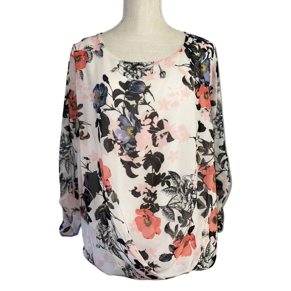 Wallis Womens Chiffon Roll Tab Sleeve XL Round Neck Floral Print Lightweight Top